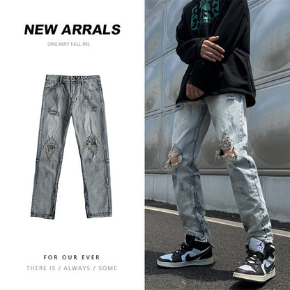 Men Jeans Loose Hole Straight Tide Trousers