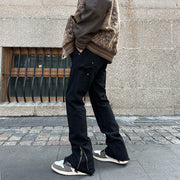 Men Jeans Zipper Slit Casual Pants Loose Straight Bootcut Pants