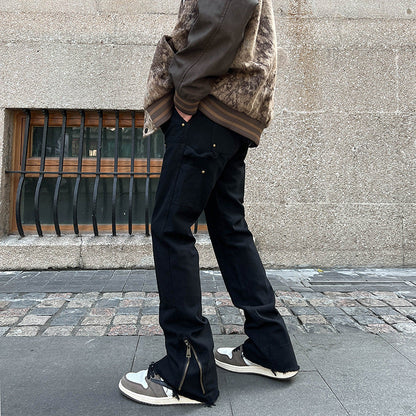 Men Jeans Zipper Slit Casual Pants Loose Straight Bootcut Pants