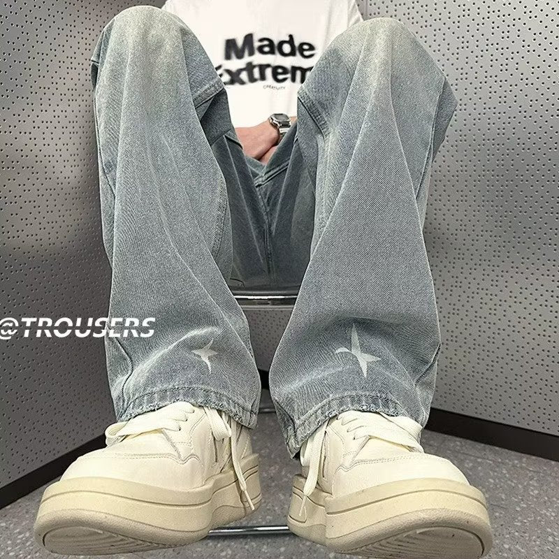 Men Jeans Washed Jeans Men's Summer Loose Retro Hiphop Straight-Leg Pants