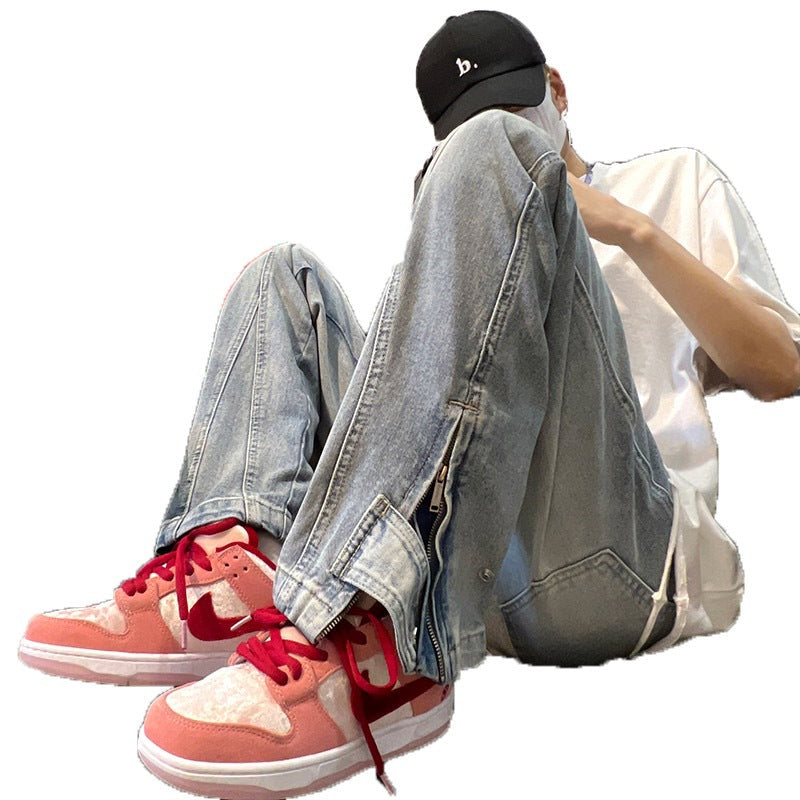 Men Jeans Side Zipper Jeans Men's Summer Loose Casual Pants