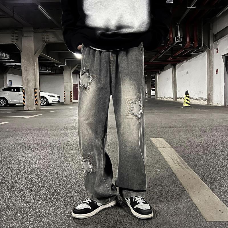 Men Jeans Oldschool Ripped Jeans Men's Summer Loose Straight P Pants