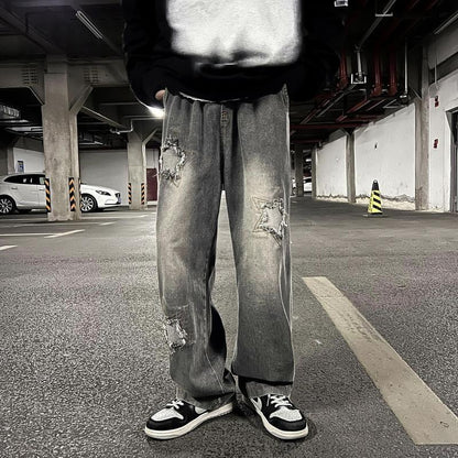 Men Jeans Oldschool Ripped Jeans Men's Summer Loose Straight P Pants
