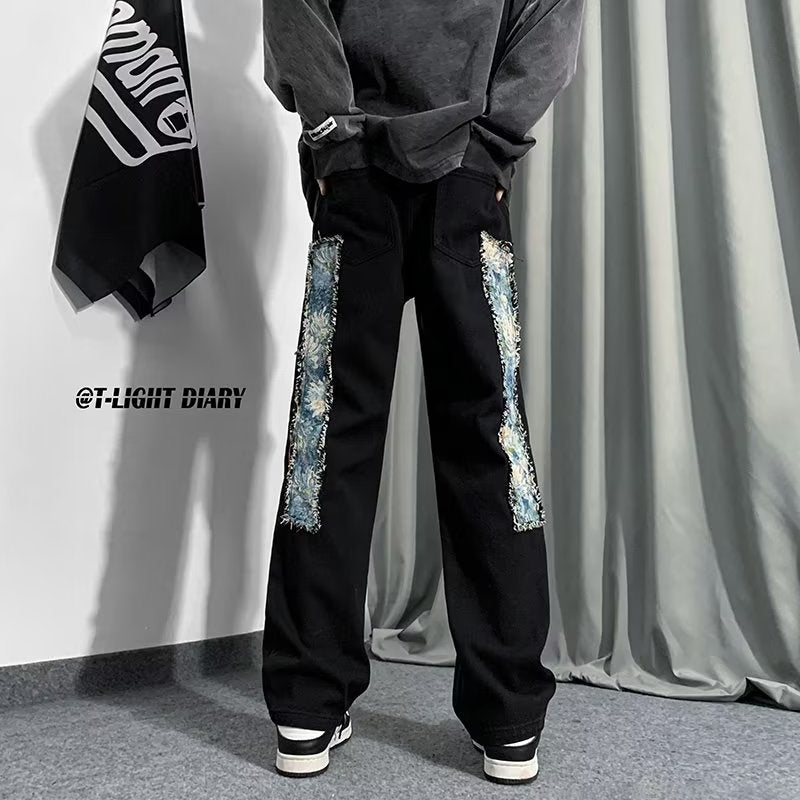 Men Jeans Patchwork Stitching Jeans Loose Straight Trousers