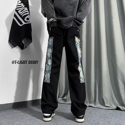 Men Jeans Patchwork Stitching Jeans Loose Straight Trousers