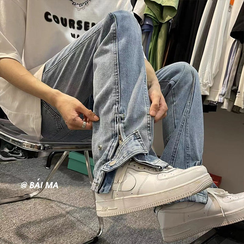 Men Jeans Side Zipper Jeans Men's Summer Loose Casual Pants