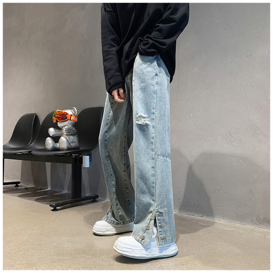Men Jeans Ripped Jeans Men's Summer Letter Embroidery Slit Loose Straight Casual Trousers