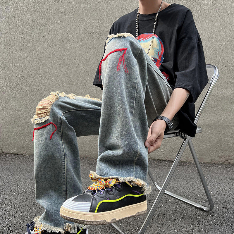 Men Jeans Ripped Jeans Men's Summer Retro Hiphop Wide Leg Pants