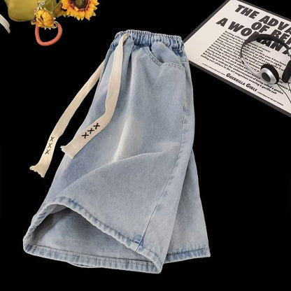 Men Jeans Drawstring Denim Shorts Men's Pants Summer Straight Loose Shorts