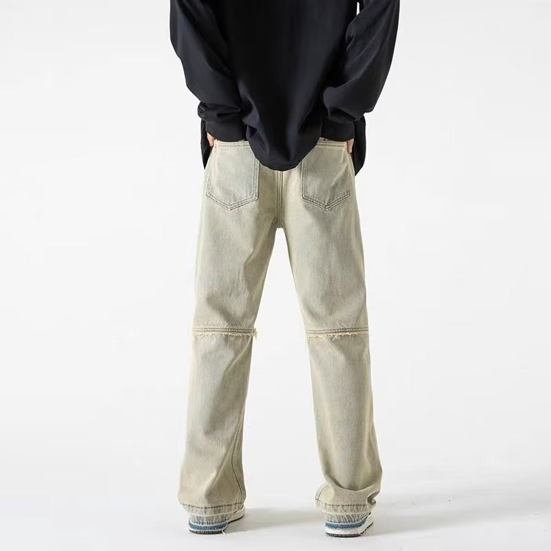 Men Jeans Retro Washed Jeans Men's Loose Straight Bootleg Pants