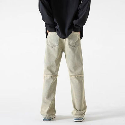 Men Jeans Retro Washed Jeans Men's Loose Straight Bootleg Pants
