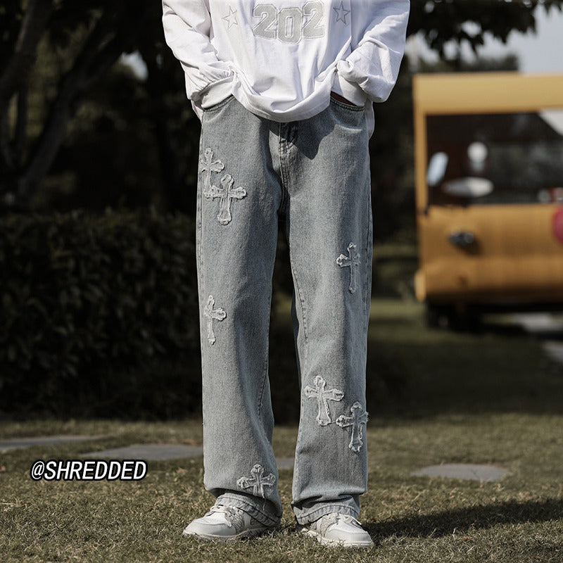 Men Jeans Cross Labeling Vintage Jeans Autumn Leisure Straight-Leg Pants