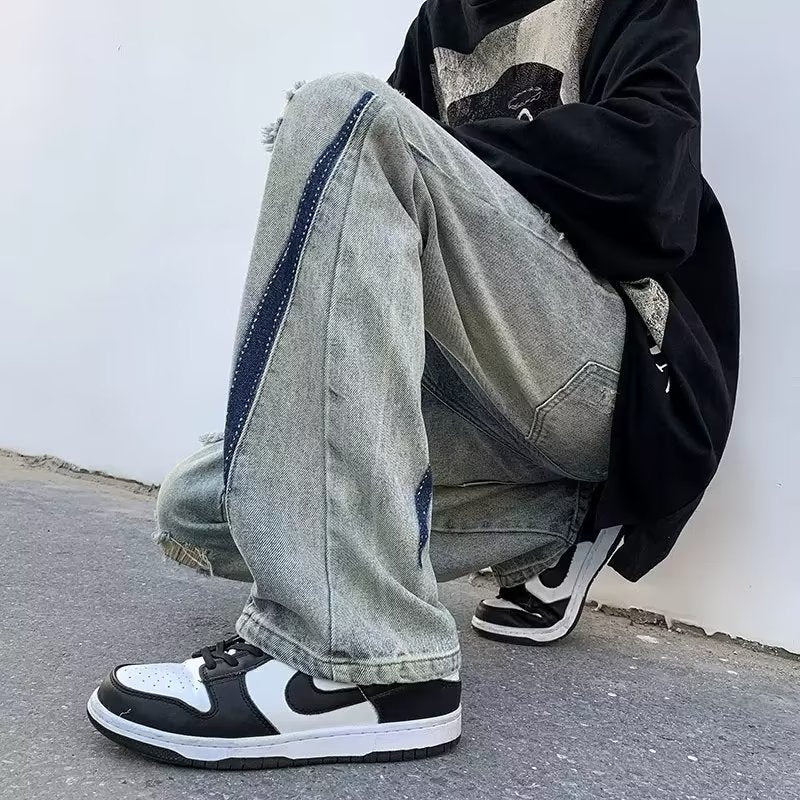 Men Jeans Ripped Jeans Summer Washed Distressed Wide-Leg Straight Pants