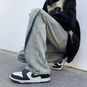Men Jeans Ripped Jeans Summer Washed Distressed Wide-Leg Straight Pants