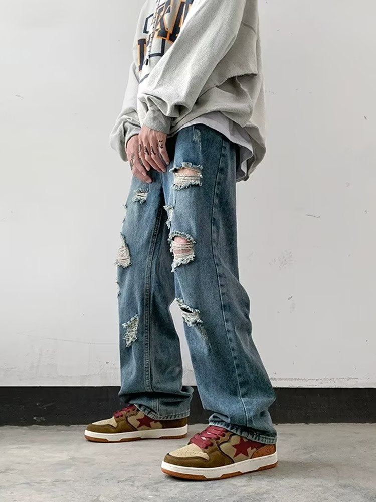 Men Jeans Ripped Jeans Men Autumn Straight-Leg Trousers