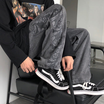 Men Jeans Washed Denim Trousers Elastic Waist Baggy Straight Trousers