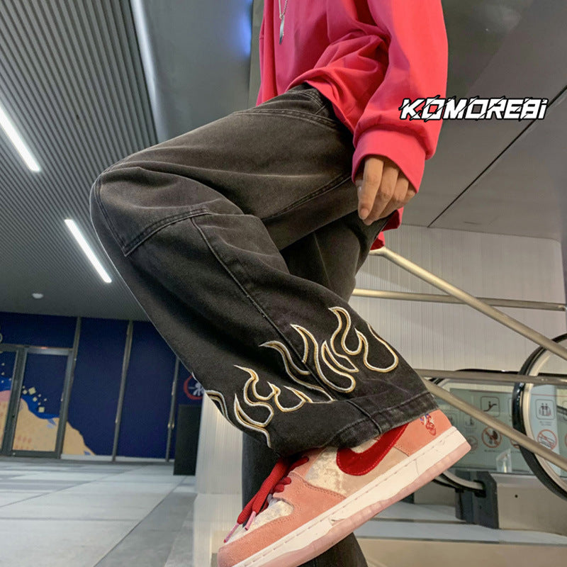Men Jeans Retro Loose Wide Leg Pants Straight-Leg Trousers
