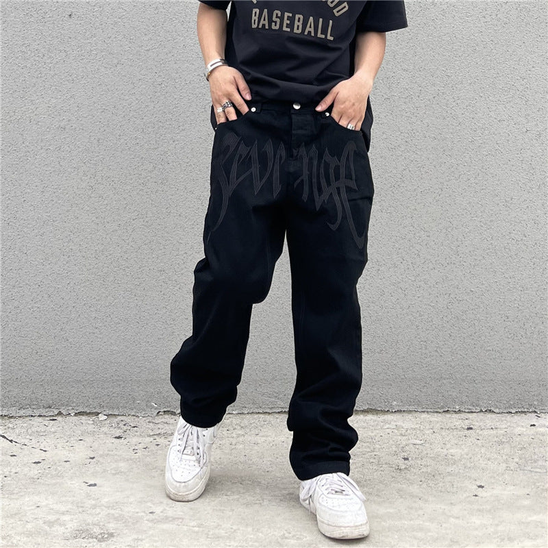 Men Jeans Black Jeans Men's and Women's Vintage Embroidered Straight Loose Jeans
