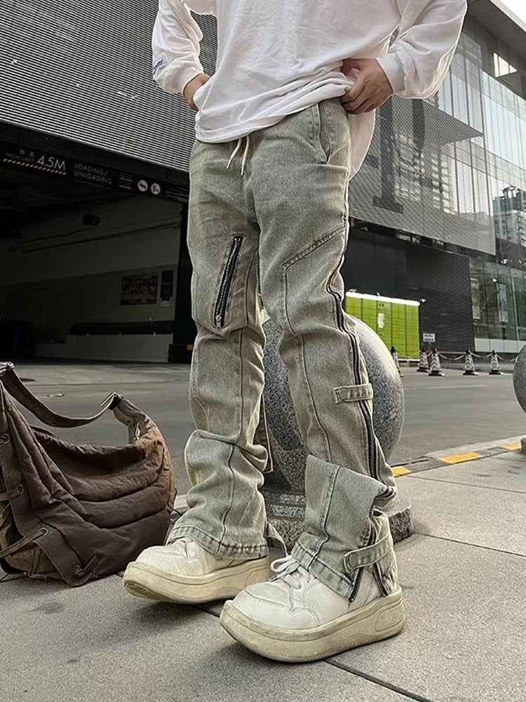 Men Jeans Worn Looking Washed-out Side Zipper Slightly Flared Jeans