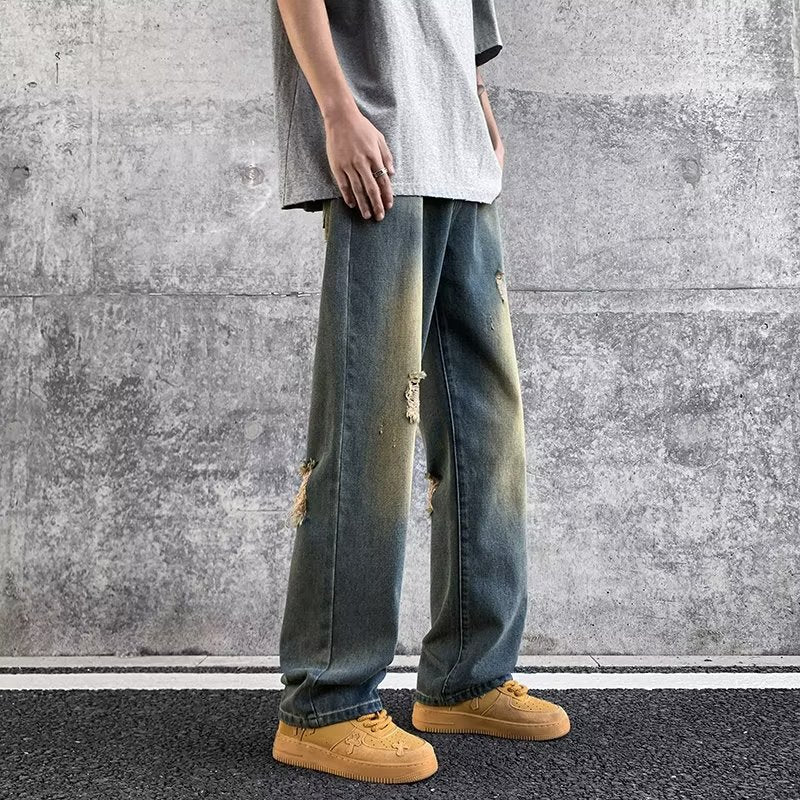 Men Jeans Summer Vintage Vibe Ripped Wide Leg Pants