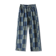 Men Jeans Chessboard Plaid Jeans Autumn Straight Wide-Leg Pants Retro Loose Trousers