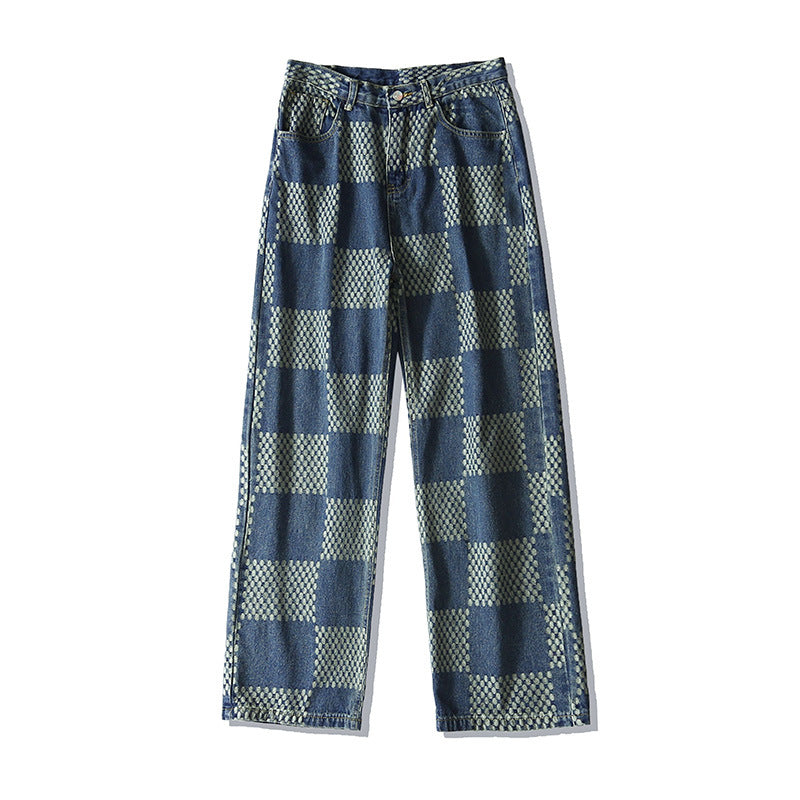 Men Jeans Chessboard Plaid Jeans Autumn Straight Wide-Leg Pants Retro Loose Trousers