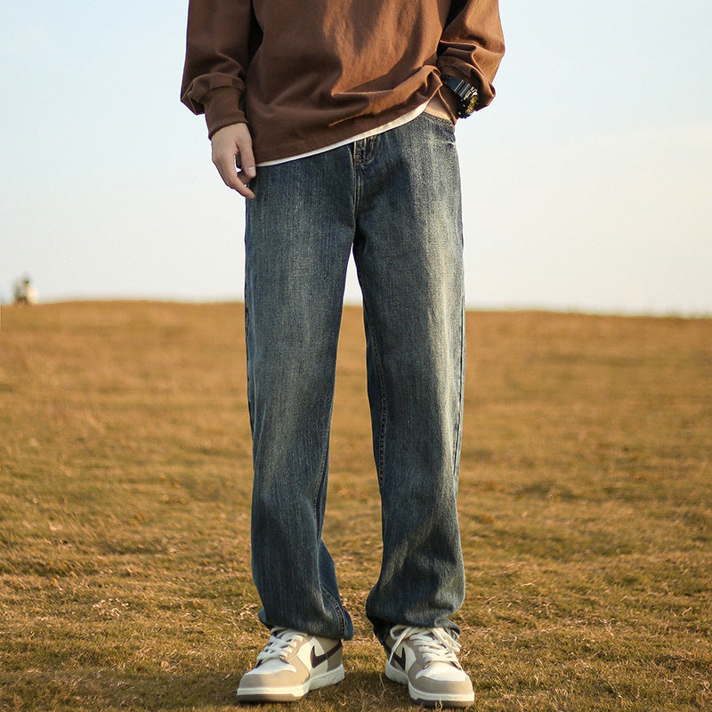 Men Jeans Retro Washed Jeans Men's Spring and Autumn Baggy Straight Trousers Casual Trousers