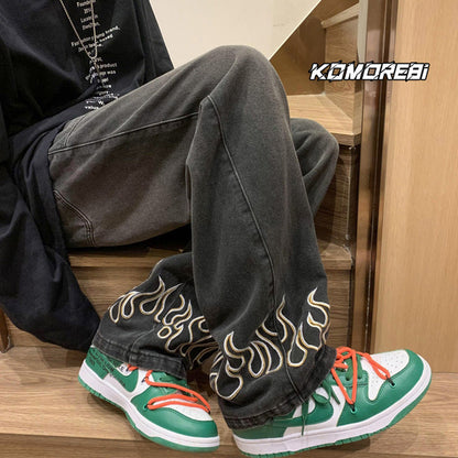 Men Jeans Retro Loose Wide Leg Pants Straight-Leg Trousers