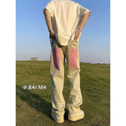 Men Jeans Summer Retro Washed Distressed Loose Straight Casual Trousers
