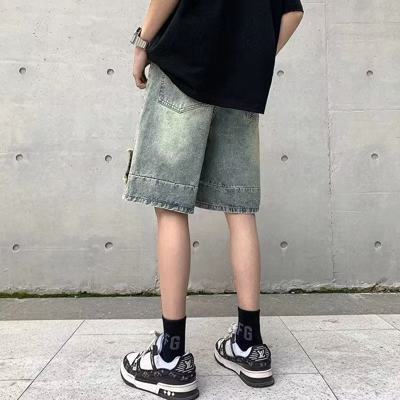 Men Jeans Denim Shorts Men's Washed-out Vintage Straight Wide Leg Pants