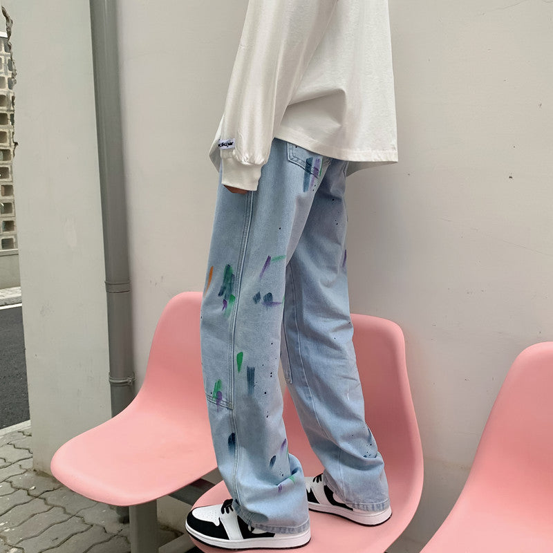 Men Jeans Splash-Ink Jeans Men's Autumn Baggy Straight Trousers Casual Trousers