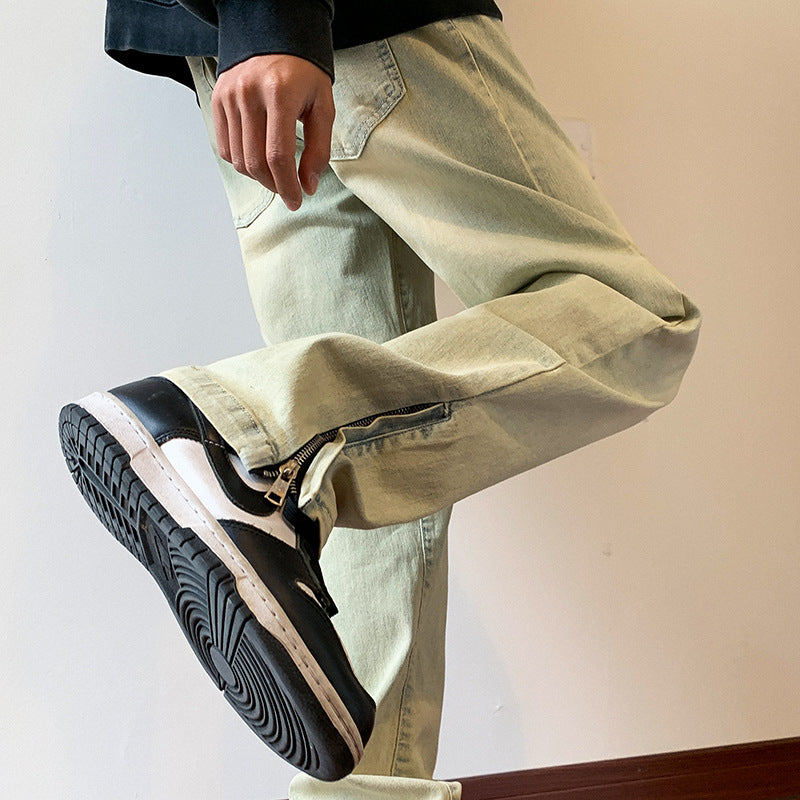 Men Jeans Washed Jeans Autumn Winter Retro Slim Straight Casual Trousers