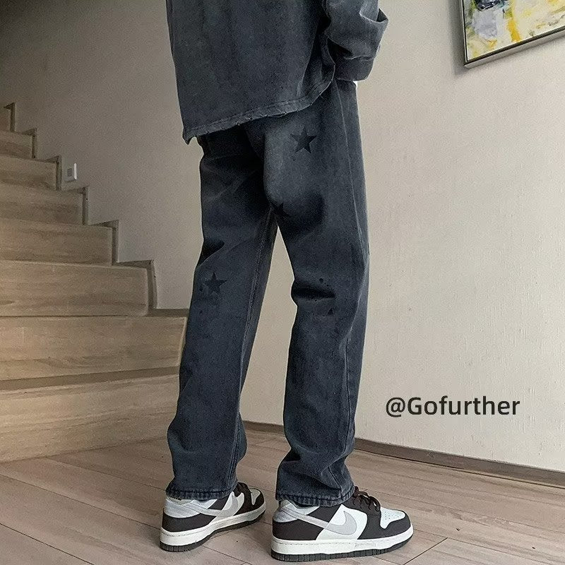 Men Jeans XINGX Printed Jeans Washed Straight Broken Holes Pants