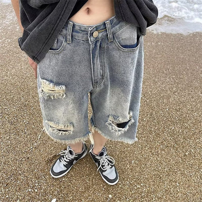 Men Jeans Hole Repair Denim Shorts Summer Vintage Shorts