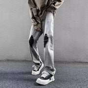 Men Jeans Gray Broken Hole Jeans Public Zipper Split Bootcut Trousers