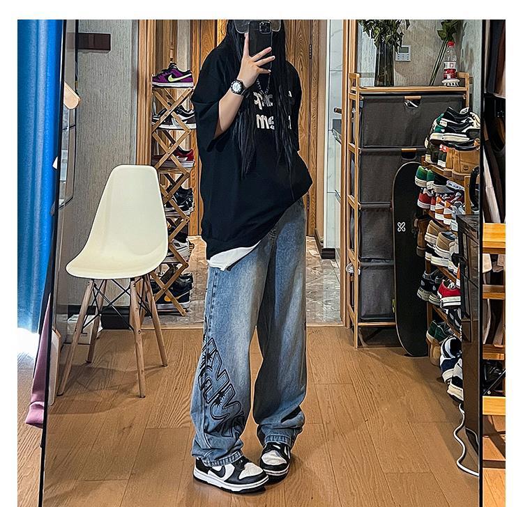 Men Jeans Vintage Jeans Spring and Autumn Distressed Baggy Straight Trousers