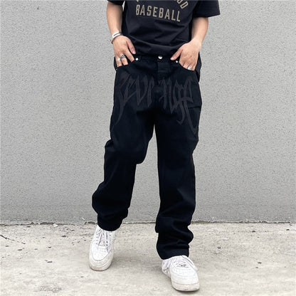 Men Jeans Black Jeans Men's and Women's Vintage Embroidered Straight Loose Jeans