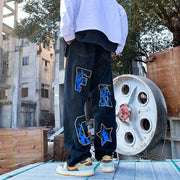 Men Jeans Embroidered Jeans Men's Summer Loose Wide Leg Pants Straight-Leg Trousers