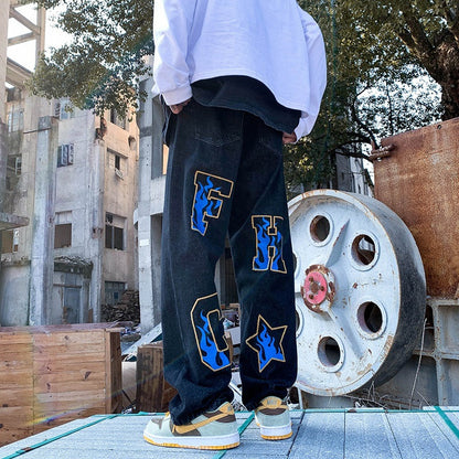 Men Jeans Embroidered Jeans Men's Summer Loose Wide Leg Pants Straight-Leg Trousers