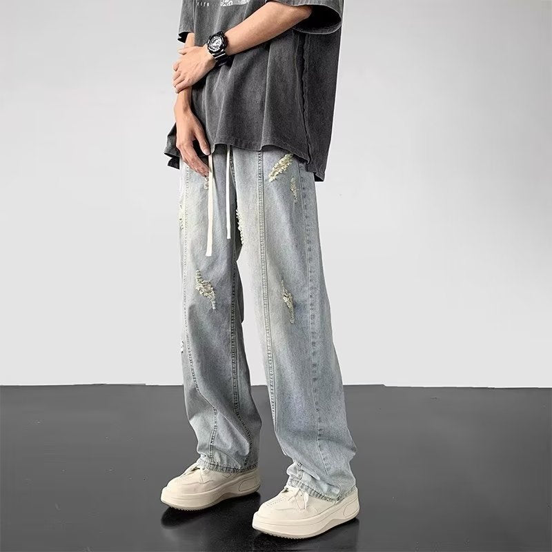 Men Jeans Summer Water Washed Hole Loose Straight Casual Trousers