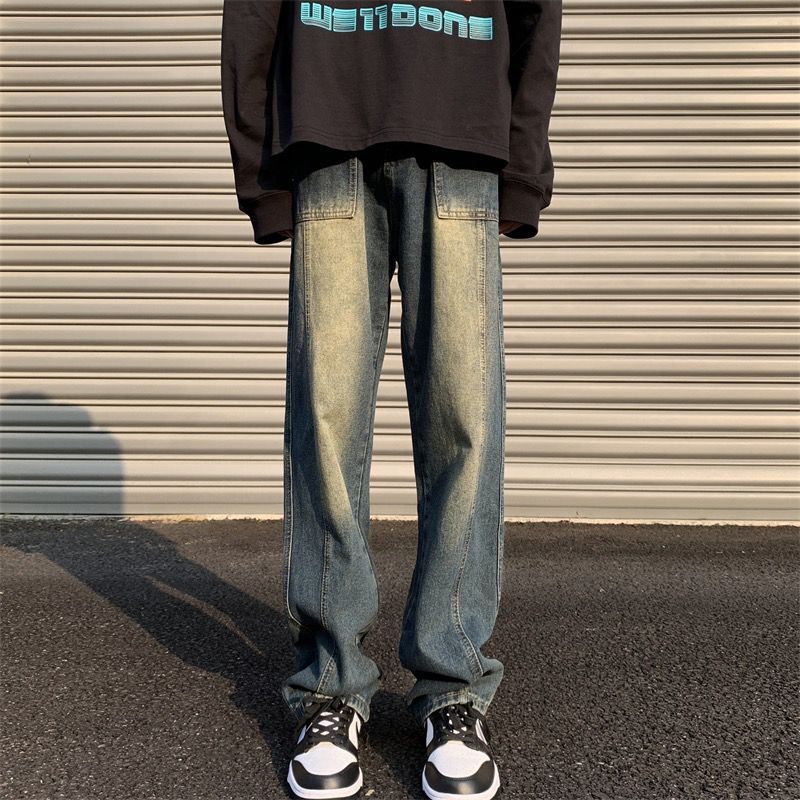 Men Jeans Retro Washed Spring Straight-Leg Pants