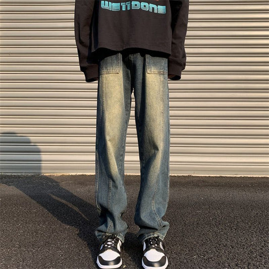 Men Jeans Retro Washed Spring Straight-Leg Pants