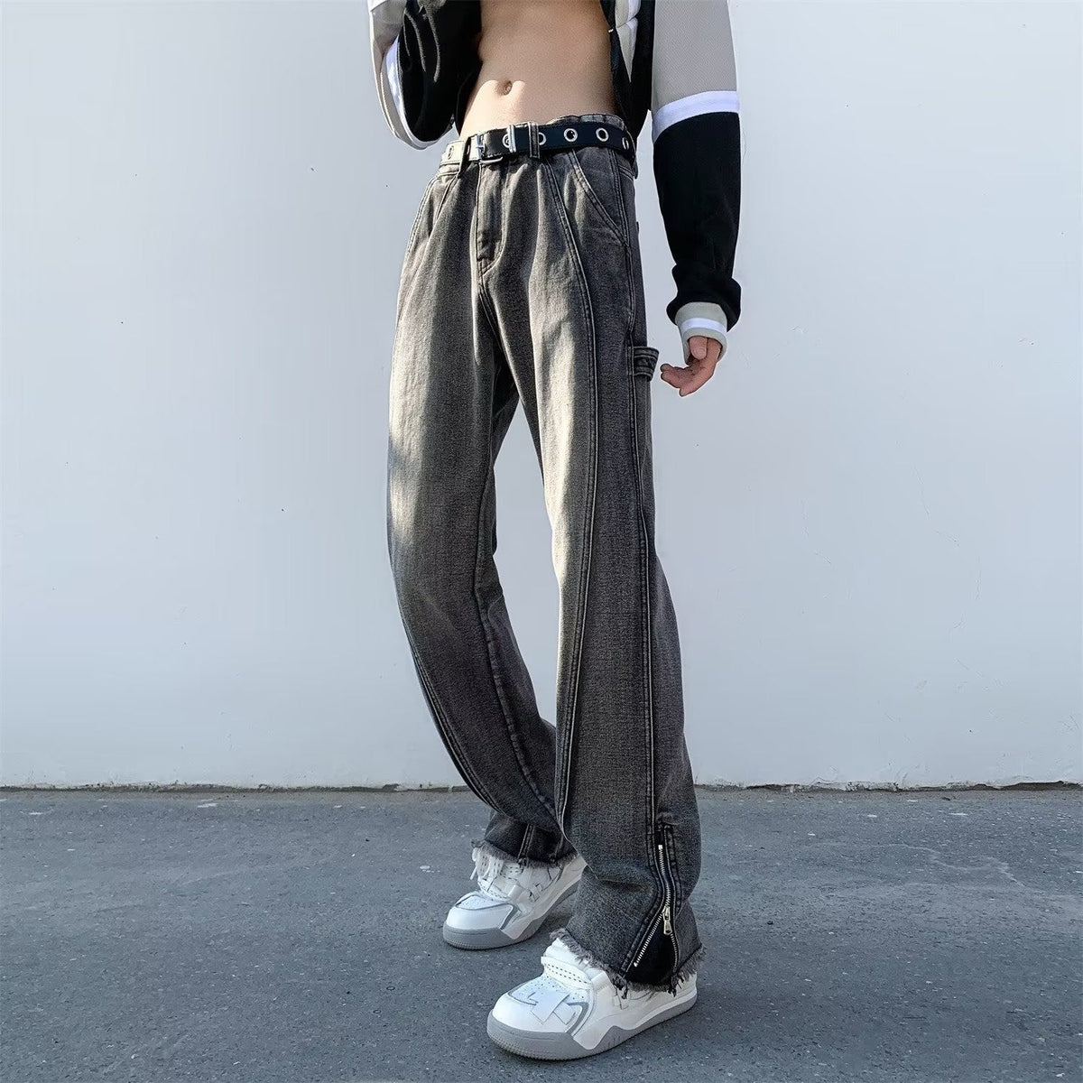 Men Jeans Oversize Zipper Jeans Summer Slim-Fit Micro Flared Pants