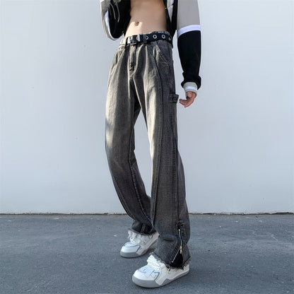 Men Jeans Oversize Zipper Jeans Summer Slim-Fit Micro Flared Pants