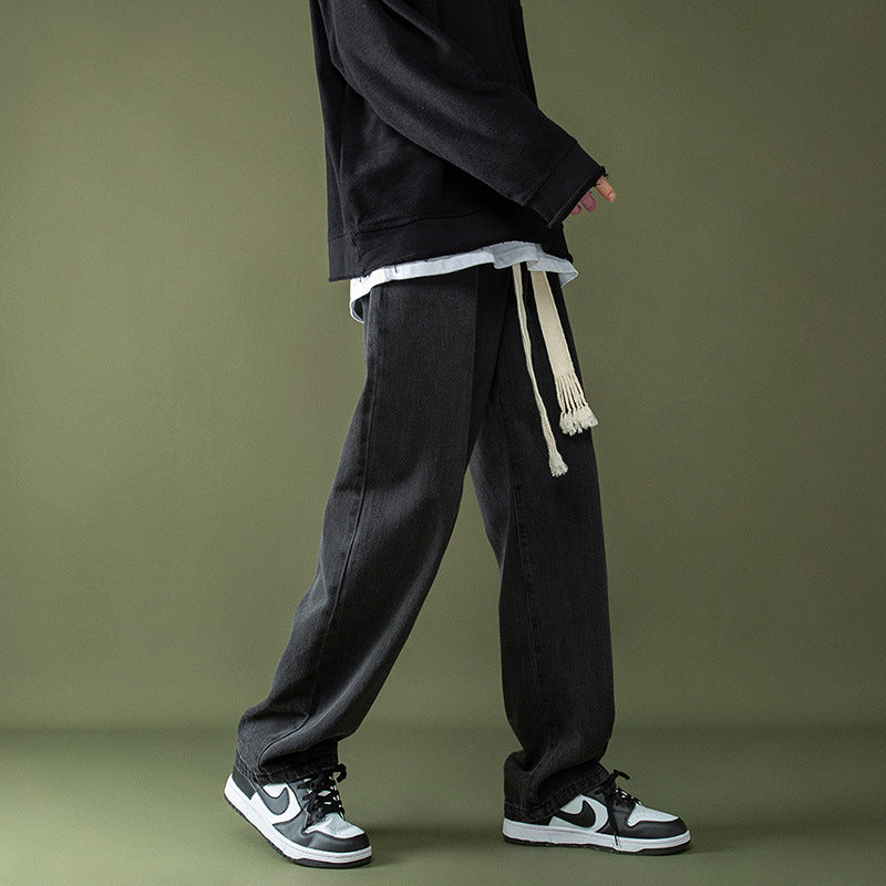 Men Jeans Spring and Autumn Straight Loose Drawstring Pants Retro Wide-Leg Pants