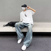 Men Jeans Water Washed Hole Jeans Men's Summer Loose Wide-Leg Straight Pants