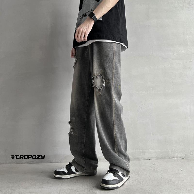 Men Jeans Summer Retro Tattered Jeans Straight Loose Casual Pants