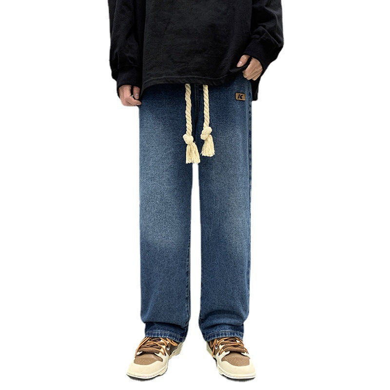 Men Jeans Drawstring Jeans Men Spring Autumn Vintage Straight-Leg Wide-Leg Pants