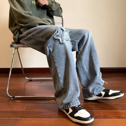 Men Jeans Vintage Patch Straight-Leg Pants Spring Baggy Pants