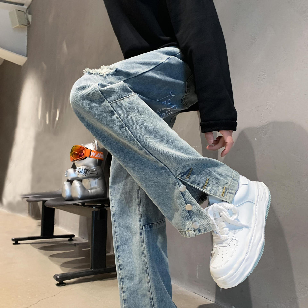 Men Jeans Letter Embroidered Jeans Men's Spring Hip Hop Hiphop Baggy Straight Trousers